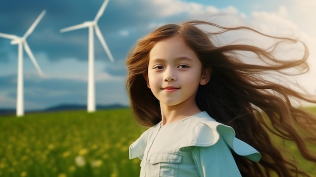 Photo adorable children girl standing in wind turbine farm generative ai