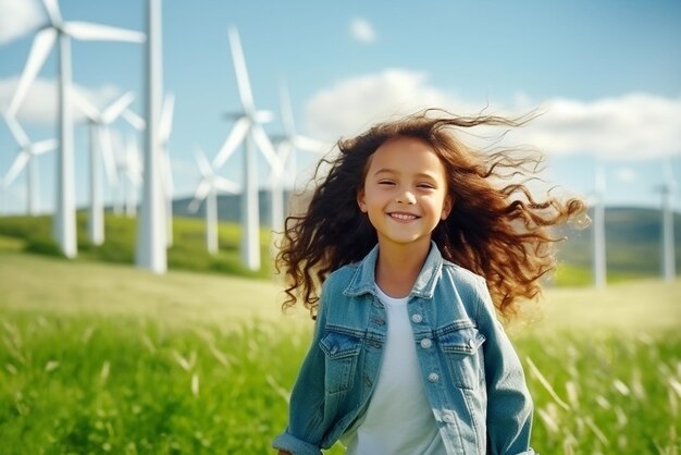 Adorable children girl standing in wind turbine farm with sunshine concept energy generative ai