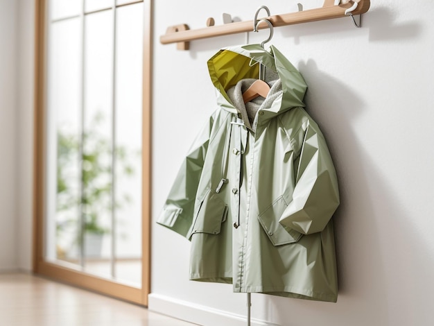 Photo adorable childrens raincoat displayed on hanger against a white wall