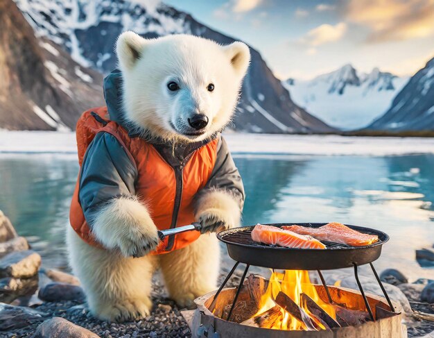 写真 氷河湖のそばでサーモンのスライスをグリルしている可愛い太った北極熊の子