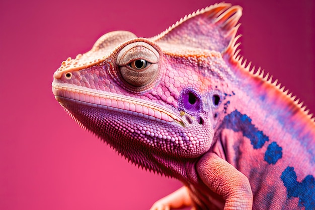 Adorable colorful exotic chameleon in close up isolated on pink