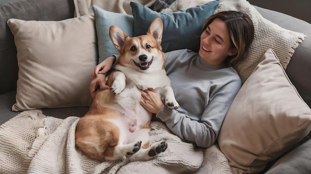 愛する飼い主と一緒にソファに横たわっている可愛いコルギー犬