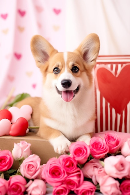 Фото Прекрасная собака-корги, окруженная красными розами и сердцами на открытке на день святого валентина