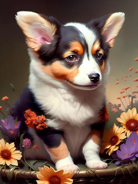 adorable corgi puppy sits in flowers and a wicker basket.welsh corgi pembroke. cardigan