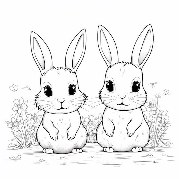 Adorable Couple Rabbits Drawing Kids Outline