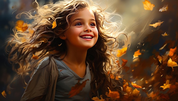 Прекрасная подростка с кудрявыми волосами с большими коричневыми глазами Прекрасный улыбающийся ребенок среди летящих осенних листьев Генеративный ИИ