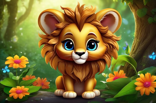 Adorable cute baby lion with magical walnut in magical forest