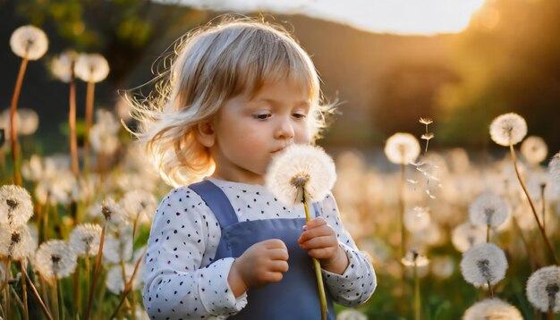 Photo adorable cute blonde european little baby girl blowing on a dandelion flower on the nature