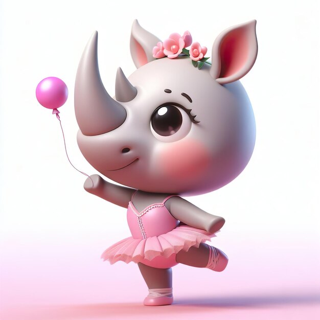 An adorable cute cartoon rhinoceros donning a ballet ensemble and balancing on a single foot