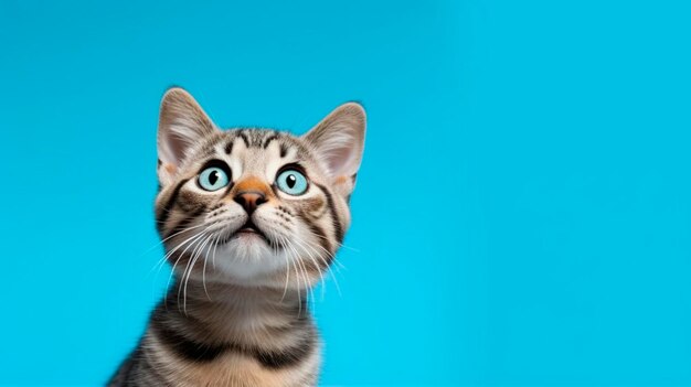 Adorable cute cat with surprised expression isolated on blue background with copy space Generative AI