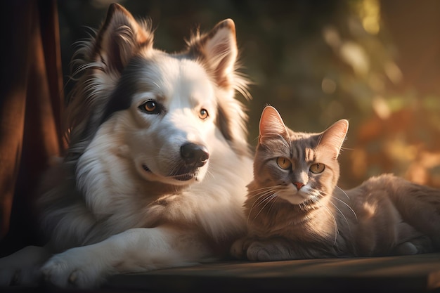 Очаровательная милая собака с друзьями-кошками вместе генеративный ИИ