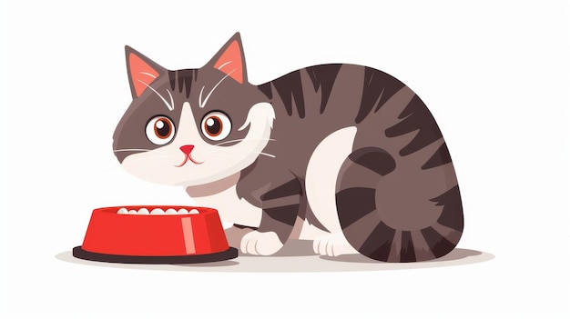 Прекрасный милый смешной котенок в миске с едой Счастливый котенок, глядящий на вкусную еду Комическая плоская графика изолирована на белом фоне