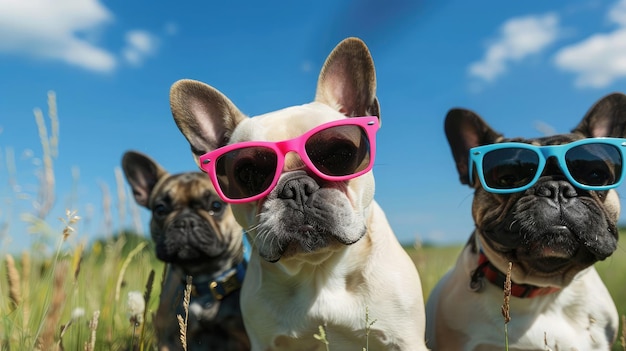 Фото Очаровательные милые счастливые французские бульдог-собаки в солнцезащитных очках летом перед лугом и голубым небом в жаркий день