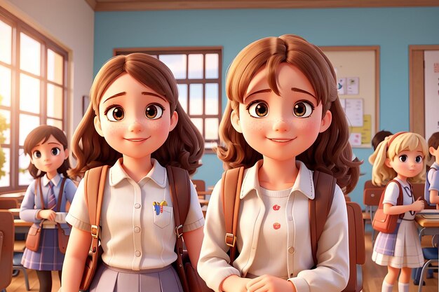 Adorable and cute kid girls with school background 3d illustration