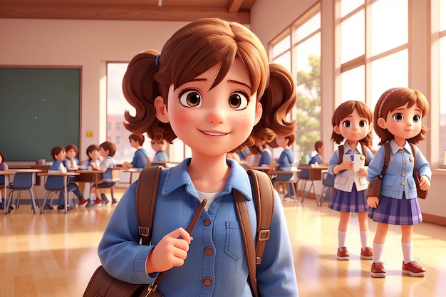 Adorable and cute kid girls with school background 3d illustration