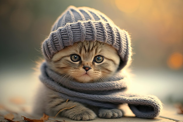 Adorable cute kitten wearing woolen clothes Warmth concept Generative AI