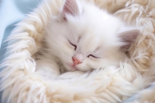 Adorable cute little white kitten sleeping on a fur white blanket