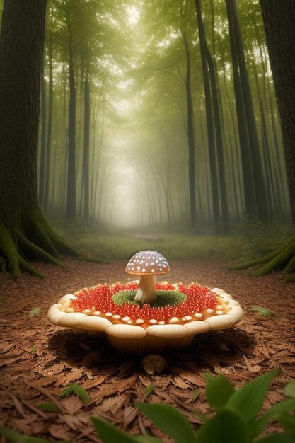 Foto un adorabile fungo carino che brilla in una foresta grande e luminosa