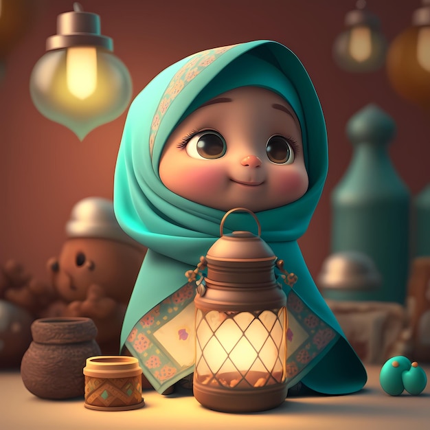 Adorable and Cute Muslim Children cartoon character 3D Rendering