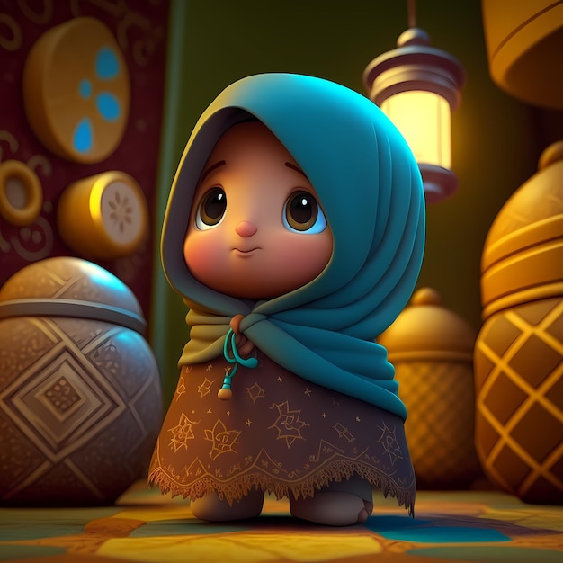 Adorable and Cute Muslim Children cartoon character 3D Rendering