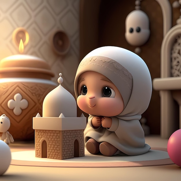 Photo adorable and cute muslim children cartoon character 3d rendering