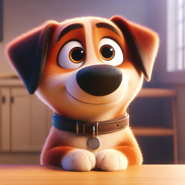 Photo adorable and cute puppy with smile on the table 3d cartoon