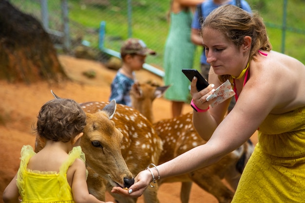 子供の農場の美しい赤ちゃんの子供に小さな鹿を養う母親と愛らしいかわいい幼児の女の子