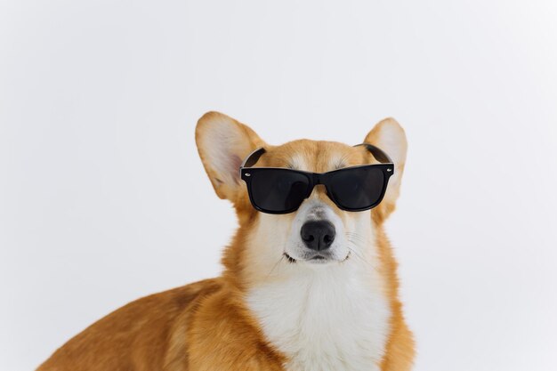 Photo adorable cute welsh corgi pembroke wearing glasses sitting on white background and looking at side most popular breed of dog