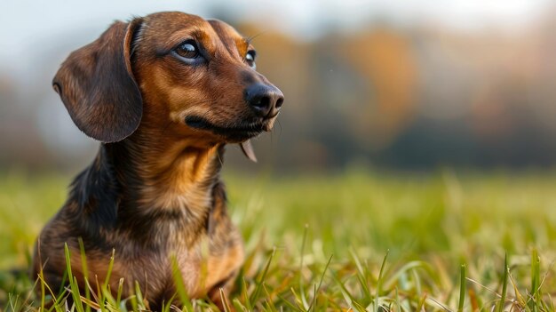 Adorable Dachshund Dog in Sunlit Field Candid Pet Portrait met natuurlandschap Canine Friend