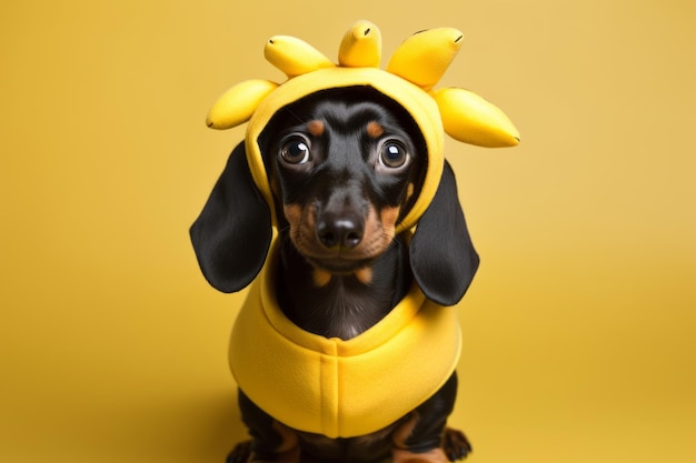 Adorable dachshund puppy dressed in funny banana Halloween costume