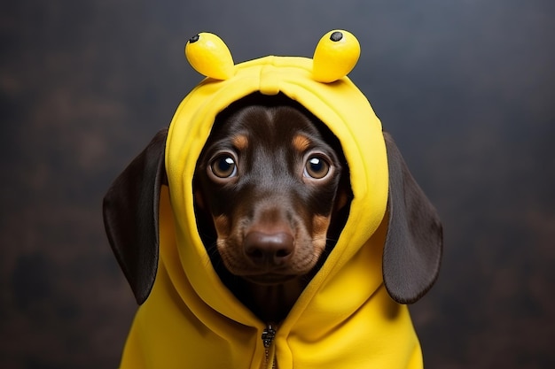 Adorable dachshund puppy dressed in funny banana Halloween costume