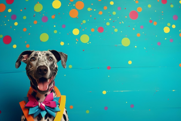 Adorable dalmatian dog wearing a colorful birthday costume with space for personalized text