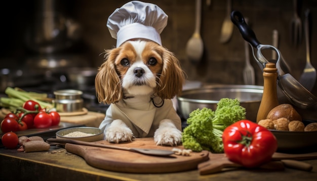 料理帽子をかぶった可愛い犬のシェフがキッチンでペットのために美味しくて健康的な食事を準備しています