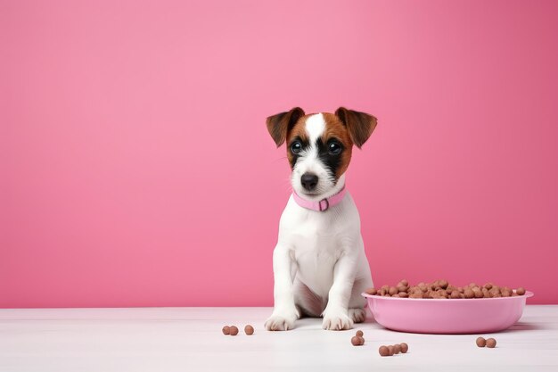 Adorable dog enjoying meal beside colorful wall