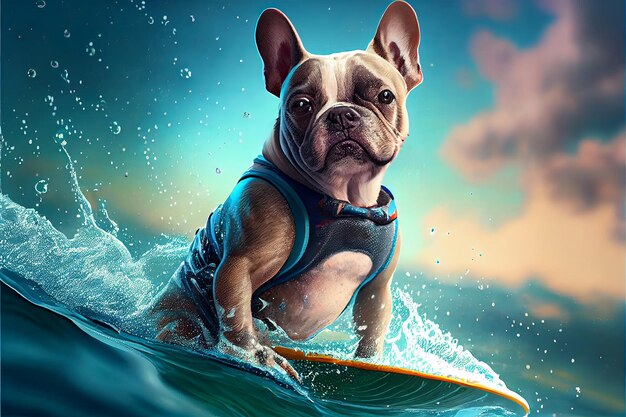 Adorable dog French bulldog in blue swimm suit floating on a yellow surfboard on a big waves at sunset AI generative