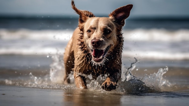 An adorable dog having fun playing fetch Generative AI