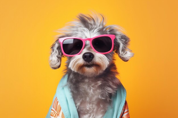 Adorable dog in sunglasses and colorful shirt generative ai