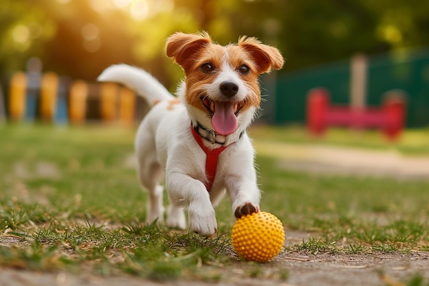 Adorable dog walking and playing with a toy ball outdoors