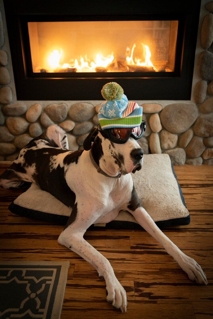 Photo adorable dog wearing knit ski snow hat and goggles next to fireplace over hardwood flooring