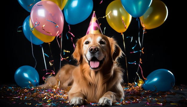 Photo adorable dog with a birthday hat celebrating a party generative ai
