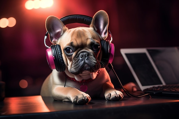 An adorable dog with DJ skills wearing stylish earphones Generative Ai