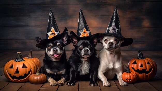 Foto cani adorabili in costumi di halloween gruppo giocoso di canini in cappelli di streghe