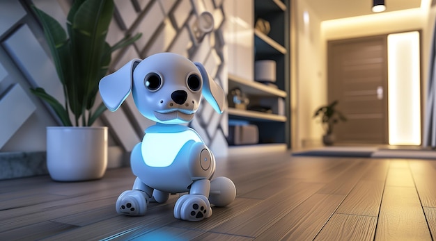 可愛い家用ロボット子犬が家の入り口で迎する スマートアニマルコンセプト