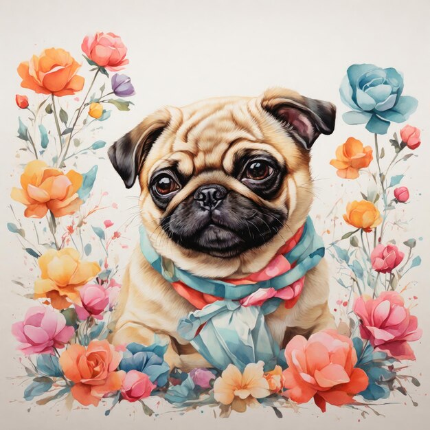 Adorable drawing of a cute pug dog in flowers Retro tshirt art style painting at white background