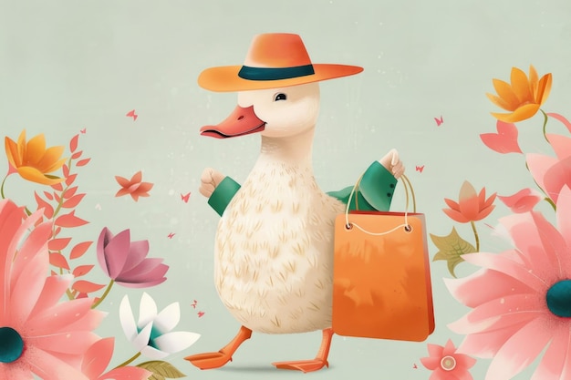 An adorable duck is donning a fashionable hat