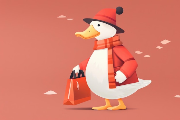 An adorable duck wearing a hat and scarf carrying a shopping bag