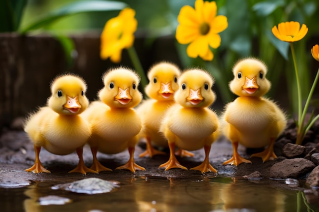 Adorable Ducklings Wading Among Yellow Flowers