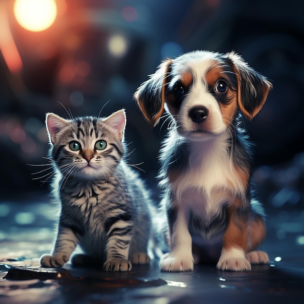 Adorable Duo Playful Dog and Cute Kitten Staring at the Camera