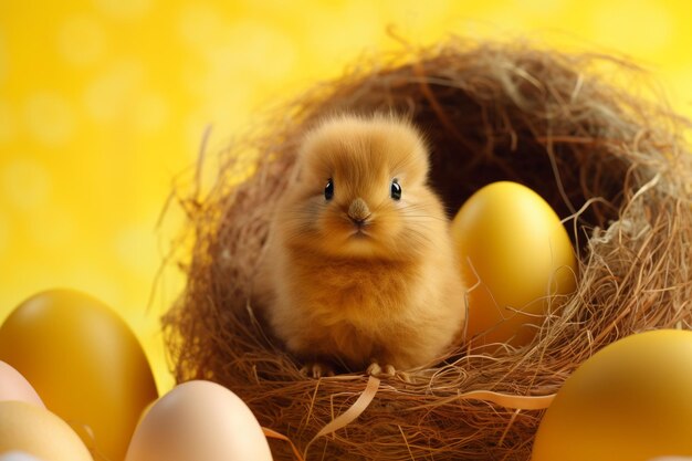 Adorable easter bunny isolated on yellow studio wall