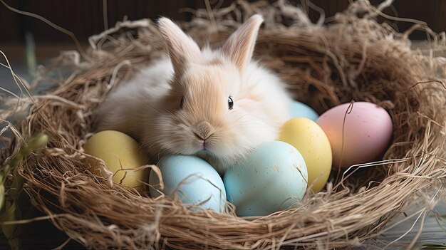파스텔 컬러 계란 둥지의 사랑스러운 부활절 토끼